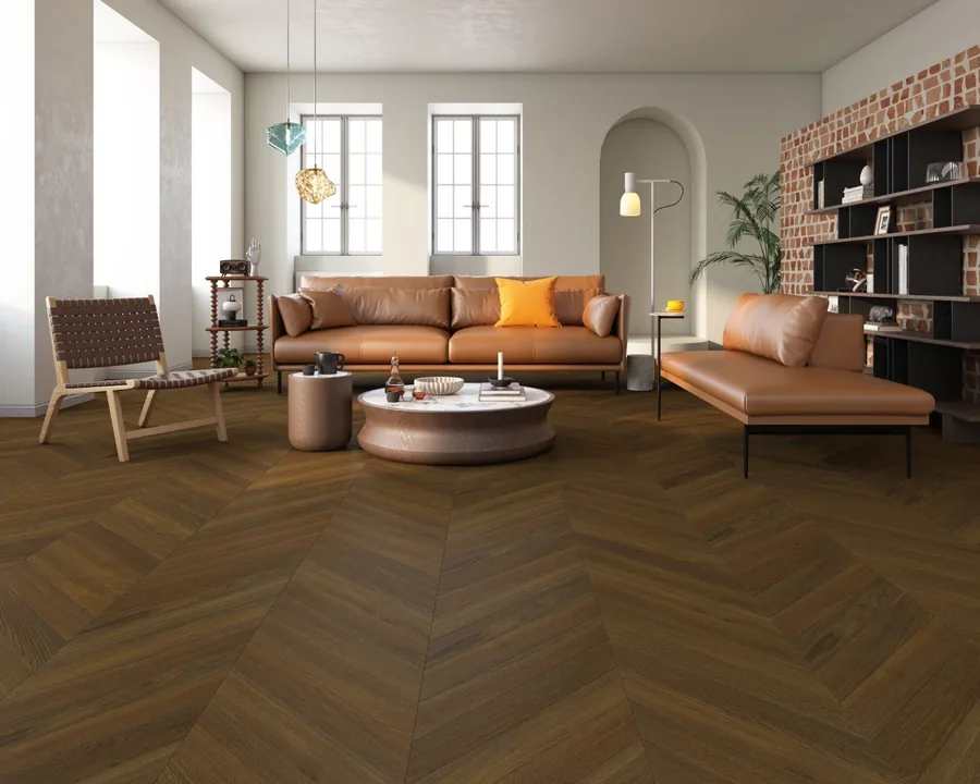 Brushed & Dark Brown Engineered Chevron, 14mm x 90mm product image 1 | Wood Floors Online