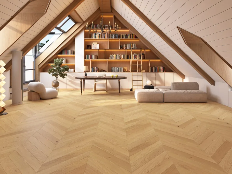 Brushed Matt Lacquer Natural Oak Engineered Chevron, 14mm x 90mm product image 1 | Wood Floors Online