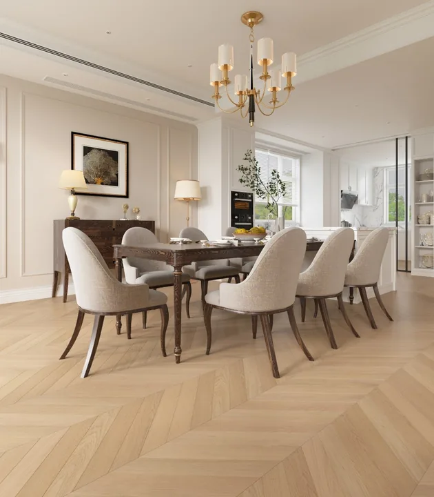 Invisible Lacquer Natural Oak Engineered Chevron, 14mm x 90mm product image 1 | Wood Floors Online