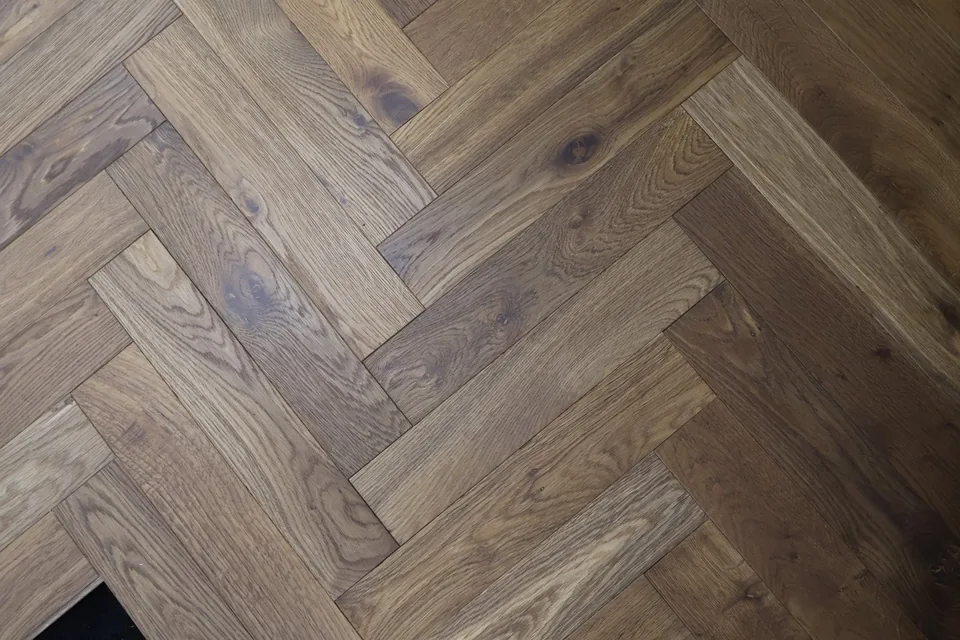 Brushed and Oiled Smoked Oak Engineered Herringbone, 14mm x 90mm product image 1 | Wood Floors Online