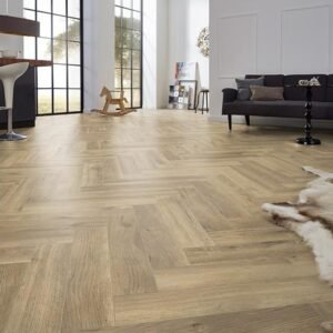 Series Woods 8mm Herringbone Laminate Flooring Gentle Gold Oak - Image 1